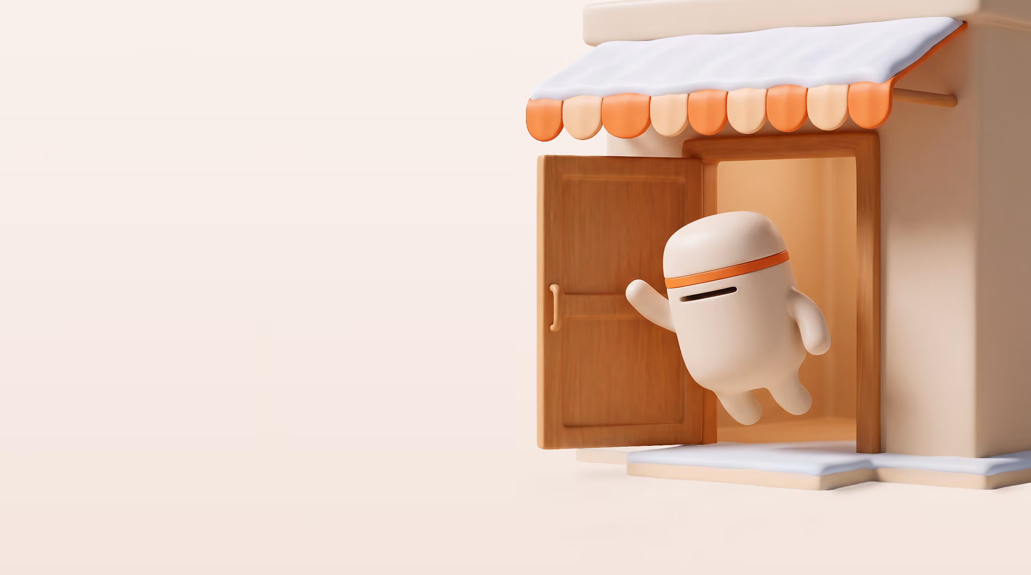 Otto, Autograf’s little ceramic helper, waving from the open door of a little shop, with fresh snow on its striped awning